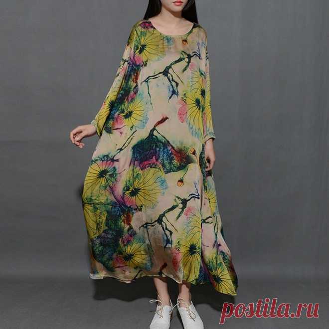 Spring Round Neck Printing Loose Green Dress – Buykud