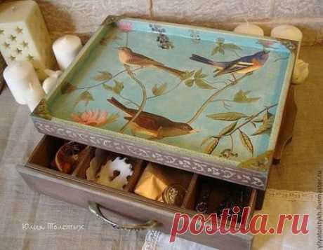 Чайный сервировочный короб-поднос &quot;Райские птицы&quot; - поднос декупаж,поднос