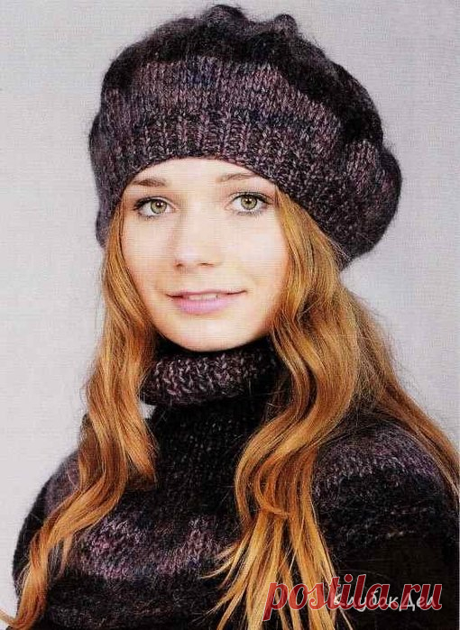 Вязаный берет и манишка спицами