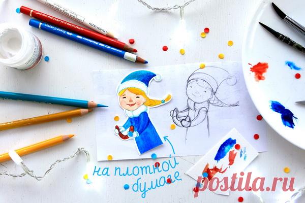 Начнем со Снегурочки. На плотной белой бумаге рисуем Снегурочку-летчицу со штурвалом в руках. Размер фигурки около 8 см.