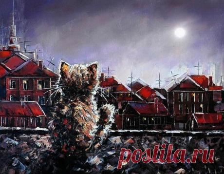 Cat at night painting. Alexander Gunin - Cat on the Roof