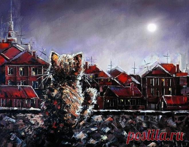 Cat at night painting. Alexander Gunin - Cat on the Roof