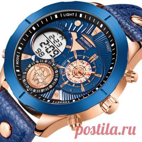 Boamigo f940 dual time zones analog digital watch leather band led light men wrist watch Sale - Banggood.com