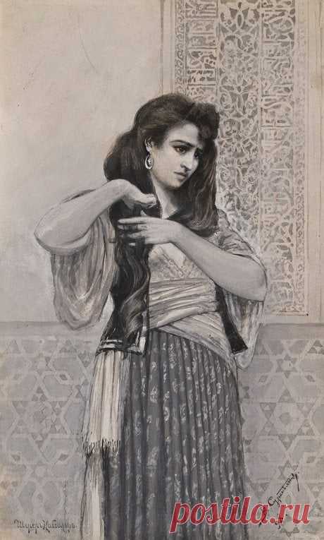 Սուրենյանց Վարդգես
Զարեմա , 1899,թուղթ, ստվարաթուղթ, գուաշ, տուշ
32,2x19,5 սմ
ВАРДГЕС СУРЕНЯНЦ
Зарема,1899,бумага, картон, гуашь, тушь
32,2x19,5 см
Пушкинские мотивы,иллюстрации Вардгеса Суренянца к поэме &quot;Бахчисарайский фонтан&quot;, сделанные к юбилейному изданию в год столетия великого поэта, в 1899. Экспонаты хранятся в Национальной галерее Армении.
