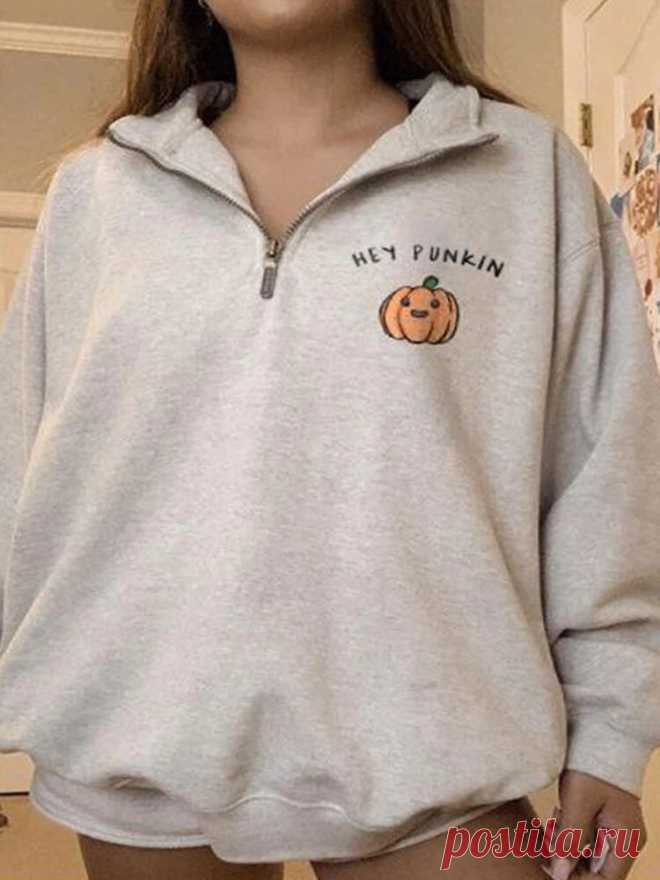 Women Halloween Pumpkin Letter Print Half Zip Lapel Loose Sweatshirts - US$19.99