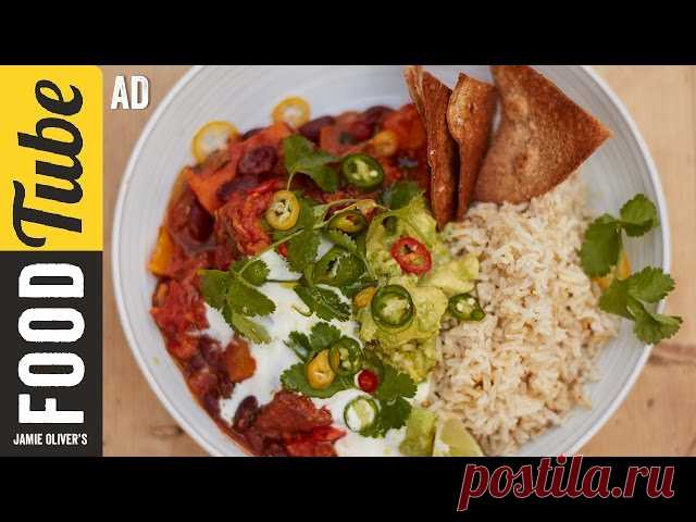 Sweet Potato Chilli | Jamie Oliver - Ad This is an Ad. Get 4 of your 5 a day in this one delicious and healthy Veggie Chilli recipe.  Sweet potato roasted until caramelised, stirred through a hearty stew of fresh veg, protein packed beans and sweet tomatoes. Finish with a dollop of natural yogu