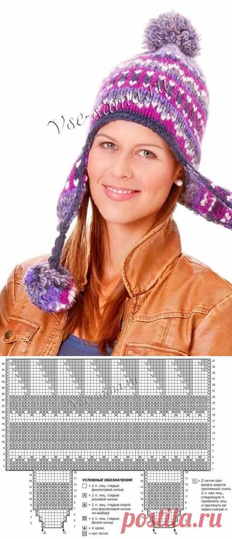 Шапка спицами с помпоном и наушниками