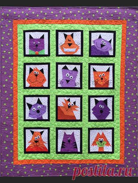 Crazy Cats Quilt Pattern An easy paper piecing pattern filled with 12 delightful kitty cats. The blocks are 8" x 8" unfinished and would make great pot holders or home decor.