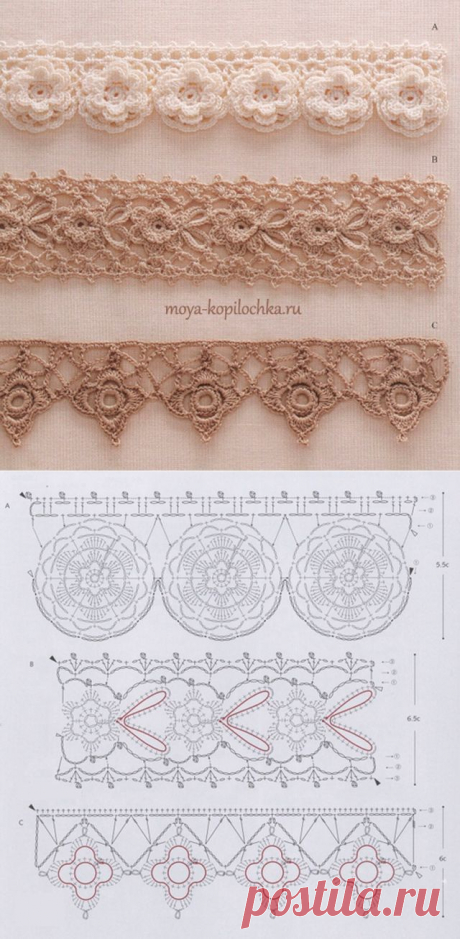 42 образца вязаного кружева со схемами для отделки края изделия | Подружки