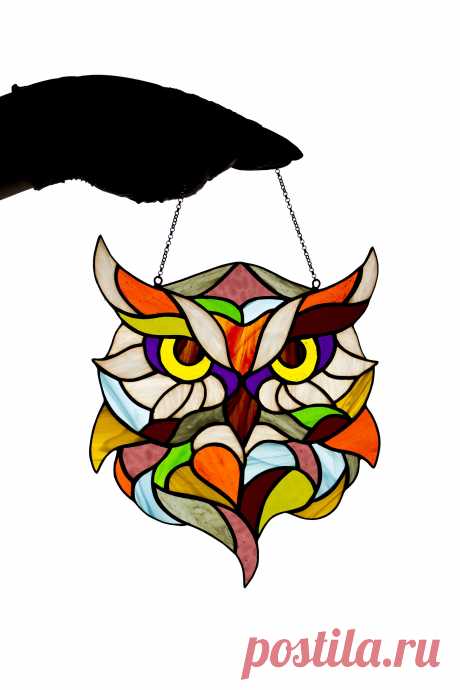 Stained glass suncatcher Owl window hanging Garden decor Stain glass p Owl window hanging suncatcher made of stained glass pieces by my own disign.Handmade using Tiffany copper foil technique.Looks amazing in the sunlight.You will get it completely ready for installation. It comes with a self-adhesive hook and chain. Width: 8 inches Height: 9 inches