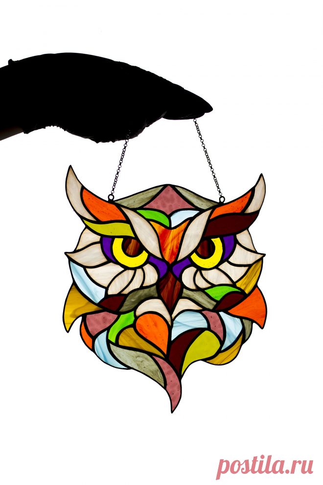 Stained glass suncatcher Owl window hanging Garden decor Stain glass p Owl window hanging suncatcher made of stained glass pieces by my own disign.Handmade using Tiffany copper foil technique.Looks amazing in the sunlight.You will get it completely ready for installation. It comes with a self-adhesive hook and chain. Width: 8 inches Height: 9 inches