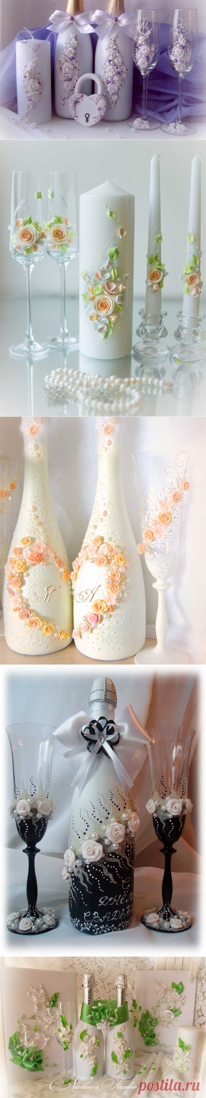 Свадебные  бокалы, украшенные элементами полимерной глины