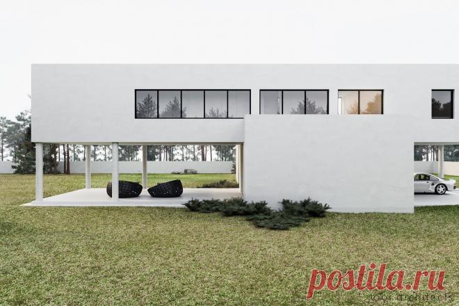 Белоснежный строгий дом стоит на обширном участке в окружении соснового леса. Просторный и минималистичный,в стиле раннего модернизма, он создан для единения с природой, отдыха и созерцания.
Архитектурный образ здания построен на контрастном сочетании его горизонтальных объёмов и вертикалей окружающих сосен. Таким образом все жилище – это прекрасная обзорная площадка.