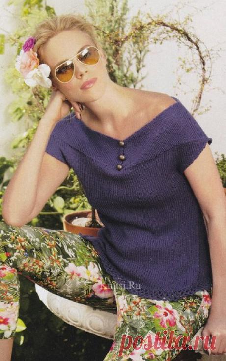 ТЕМНО-ФИОЛЕТОВЫЙ ТОП

Размер: 36/38

Материалы:

Lana Grossa «Оrо» (50% хлопок, 50% овечья шерсть, 115 м/50 г): 300 г сине-фиолетового цвета № 27;

прямые спицы addi № 5, круг, спицы addi № 3,5, длиной 40 и 60 см, набор чулочных спиц addi № 3,5, крючок addi № 3; 3 пуговицы Union Knopf, арт. 46774, 18 мм 0.

Ажурный узор: вязать по схеме. Постоянно повторять раппорт. В четных р. вязать все п. и накиды лицевыми или согласно условным обозначениям.

Плотность вязания: 18 п. и ...