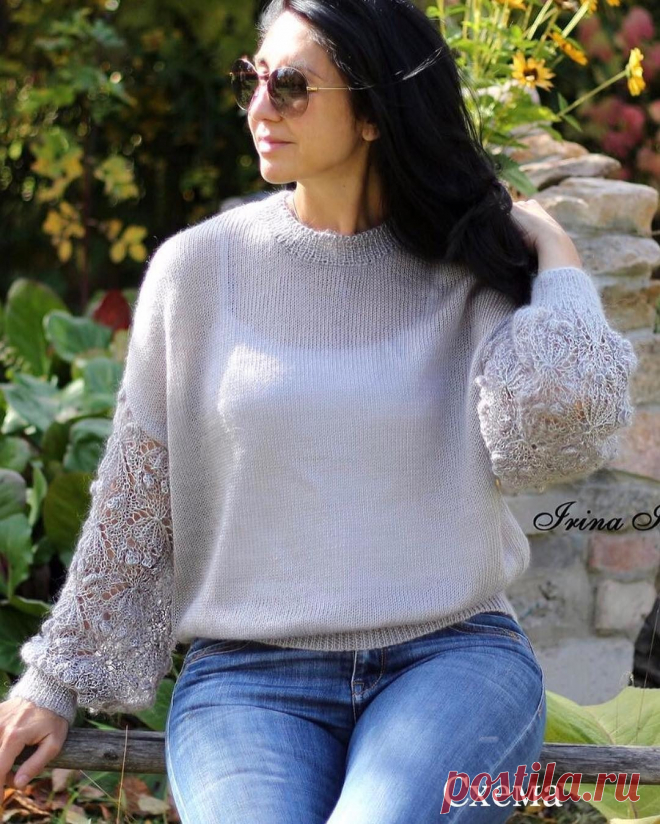 Шикарный пуловер с ажурными рукавами от Ирины
https://www.instagram.com/irina_hleb68/