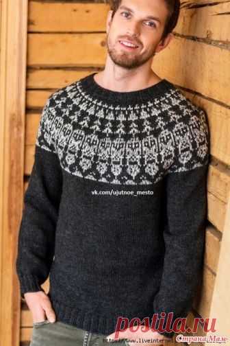 Мужской пуловер с жаккардом на круглой кокетке Размеры S (M) L (XL) XXL  Материалы