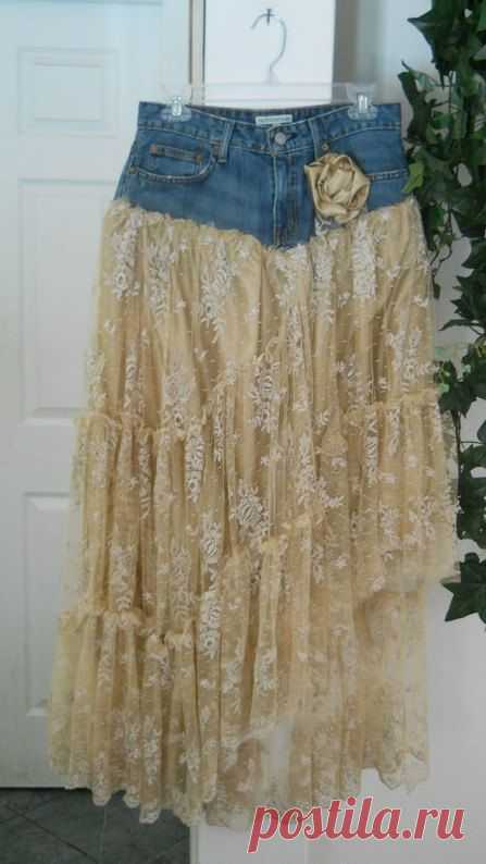(6) Belle Bohémienne exquisite vintage beige lace funky frou frou Renaissance Denim Couture bohemian jean skirt Made to Order