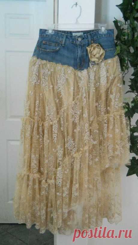 (6) Belle Bohémienne exquisite vintage beige lace funky frou frou Renaissance Denim Couture bohemian jean skirt Made to Order