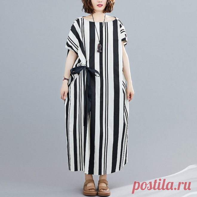 Summer Black and White Striped Round Neck Large Size Dress | Etsy China