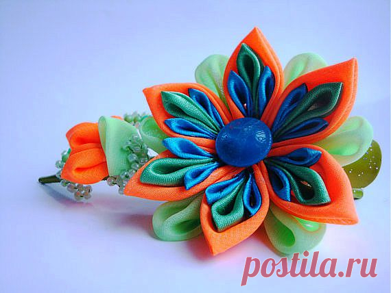 Hair clip flower blue green orange. Alligator hair by Stephaana