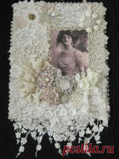 MIXED MEDIA FABRIC COLLAGE WALL HANGING, LACE & RIBBONWORK - ANTIQUE LOOK #Edwardian