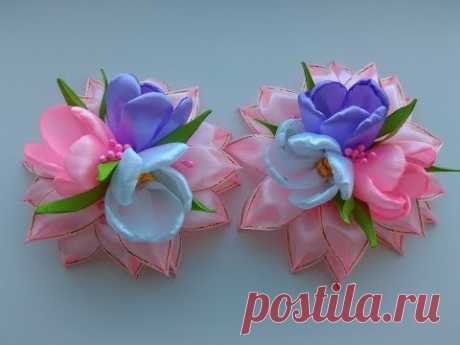 Нарядные Весенние бантики из лент МК Канзаши / Spring dressy ribbon bows Kanzashi MK
