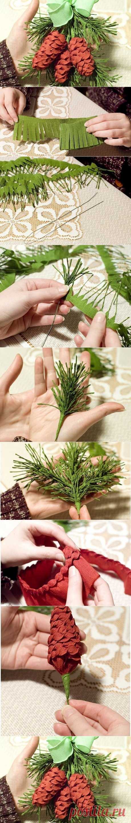 DIY Crepe Paper Pine Cone with Fir Leaf | www.FabArtDIY.com