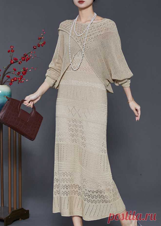 Elegant Khaki Hollow Out Knit Dress Two-Piece Set Spring – SooLinen