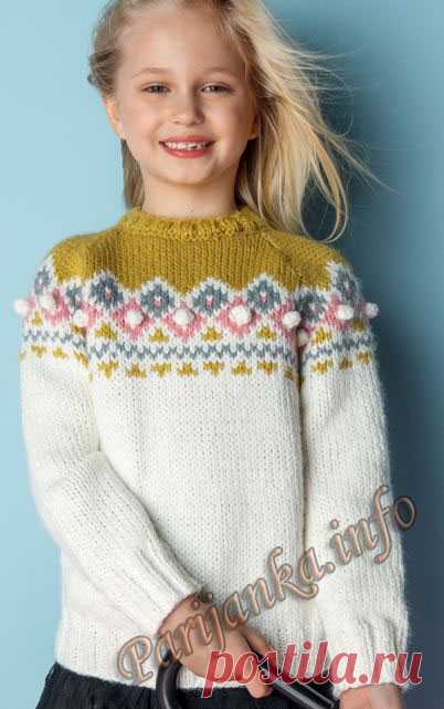 Пуловер девочке с жаккардовой кокеткой