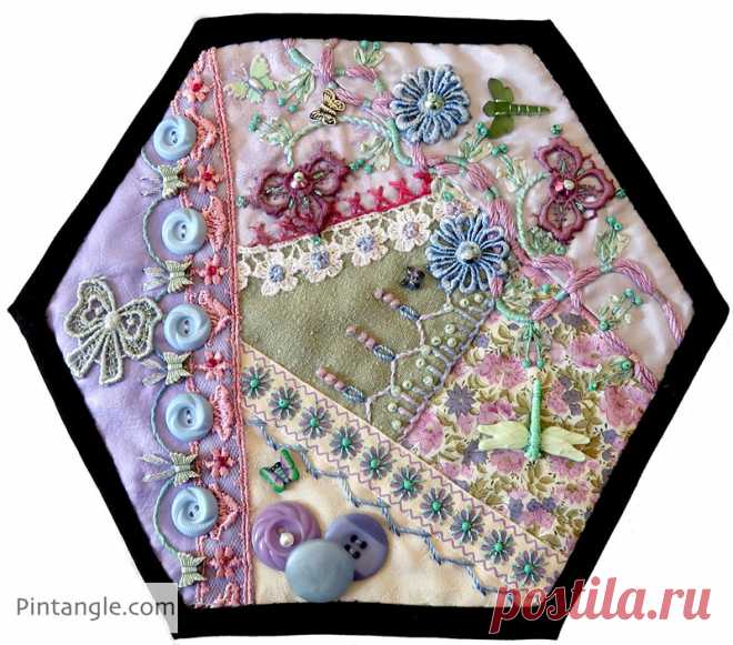 2020 crazy quilt block 11 - Pintangle 2020 crazy quilt block 11 with a free pattern, information on how it was made, embellished and hand embroidered. Made for the 2020 challenge.