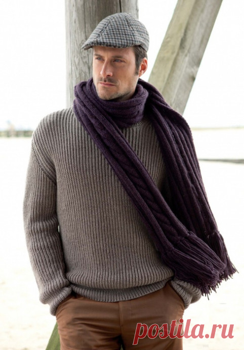 Мужской пуловер спицами Размер: 48, 52 и 56.Вам потребуктся: пряжа Cool Wool Melange, цвет 115, 16 мотков; прямые спицы № 3,5; круговые спицы № 3,5 длиной 40 см.Узелковый край: 1-ю п. каждого ряда снять как лиц., последнюю п. каждого ряда вязать лиц.Внимание: деталь вязать с узелковыми краями, туго затягивая...