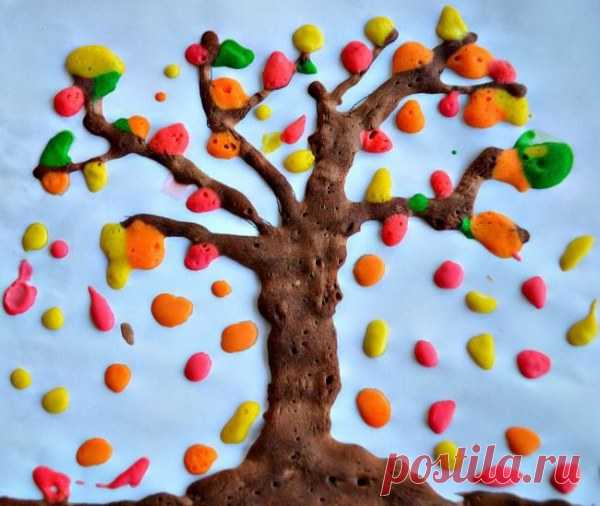 Воздушные краски
Смешиваем столовую ложку соли, несколько капель пищевого красителя и 1 столовую ложку «самоподнимающейся» муки. Добавляем воду. чтобы в итоге получить консистенцию густой сметаны. Рисовать будем кондитерским шприцом или пакетом с отрезанным углом. Помещаем туда краску, рисуем. Когда все готово, кладем в микроволновку на 10-30 секунд на максимальную температуру. И все это строго под присмотром родителей!