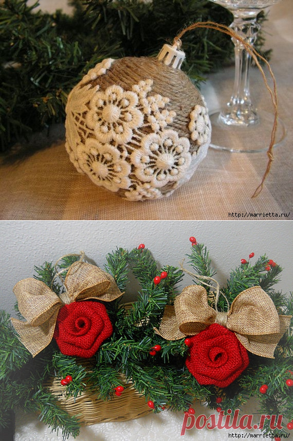 Елочные шары и подвески из джута и мешковины.