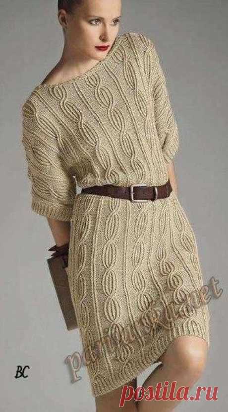 Платье спицами 
Размеры 
S M L XL 
14 15 17 18 мотков 
Состав: нитки SOIE (84% хлопок, 16% соя, 50 г / 85 м). 
Спицы № 3,5 и 3 
2 вспомогательные спицы 
уровень сложности: высокий 
Примененные вязки: 
Резинка 2/1, сп.№3. На числе петель, кратном 3 2. 
1-ый ряд (лицо работы): *2 изн.п., 1 лиц. перекрещенная*, повторять от *до *, закончить 2 изн. п. 
2-й ряд: *2 лиц.п., 1 изн. перекрещенная, * повторять от * до *, заканчивать 2 лиц.п. 
Повторять эти 2 ряда. 
Изнаночная глад...