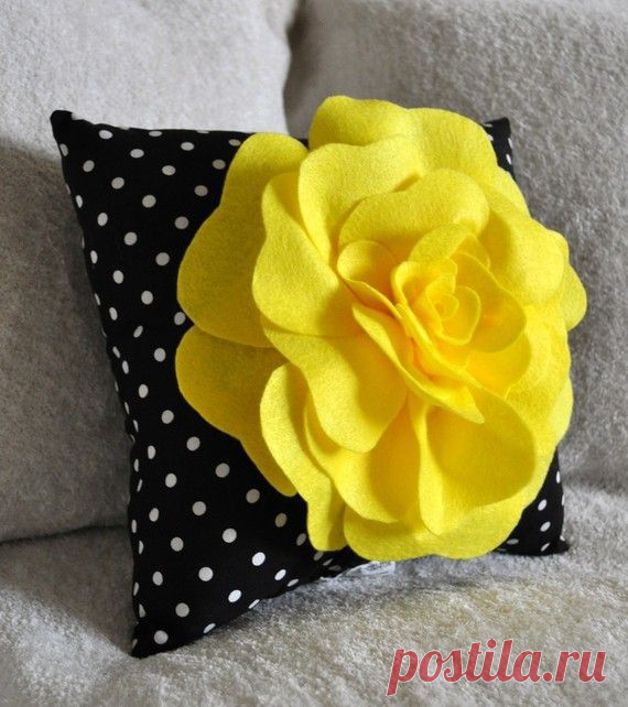 Yellow Black and White Polka Dot Flower Pillow