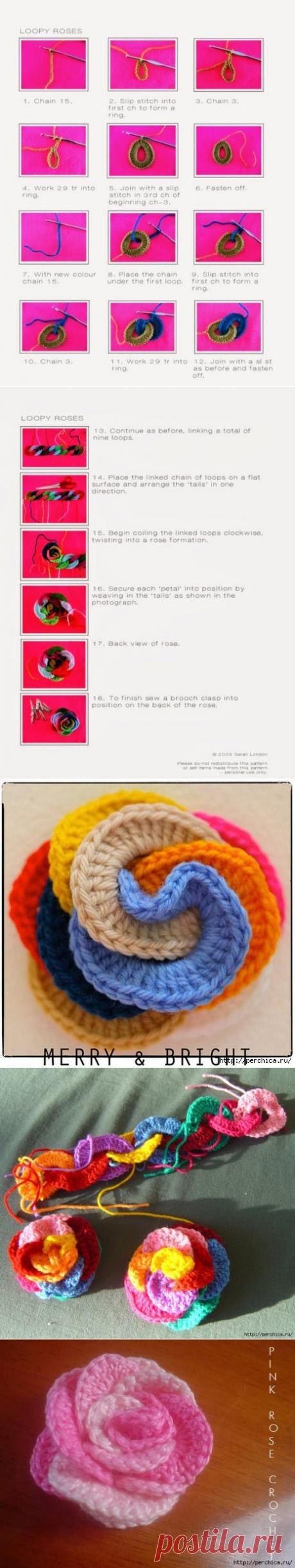 Роза-радуга связанная крючком - подробный мастер-класс