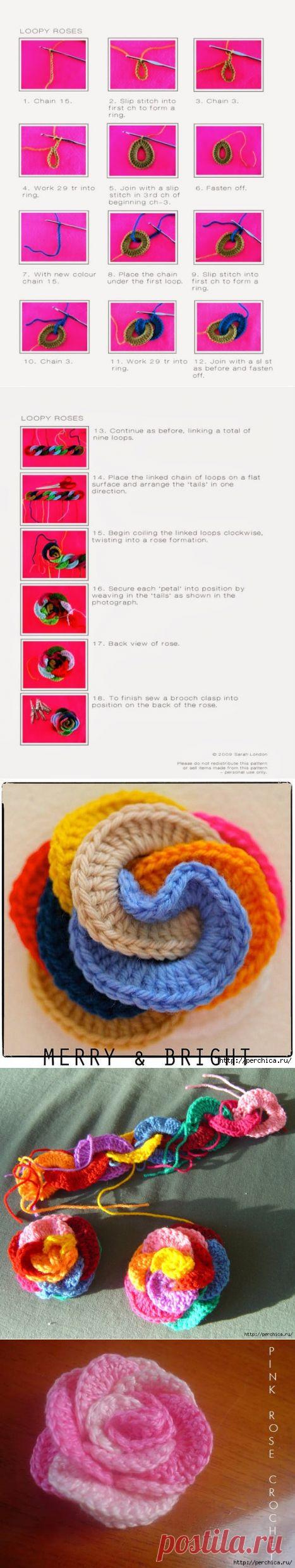 Роза-радуга связанная крючком - подробный мастер-класс