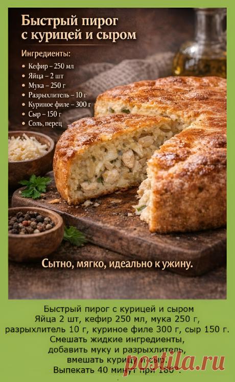 Быстрый пирог с курицей и сыром