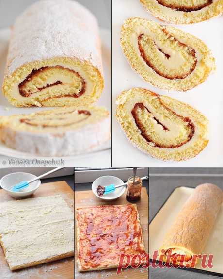 Как приготовить бисквитный рулет с масляно-сливочным кремом и клубничным джемом - рецепт, ингридиенты и фотографии