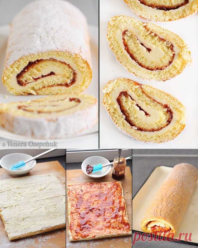 Как приготовить бисквитный рулет с масляно-сливочным кремом и клубничным джемом - рецепт, ингридиенты и фотографии