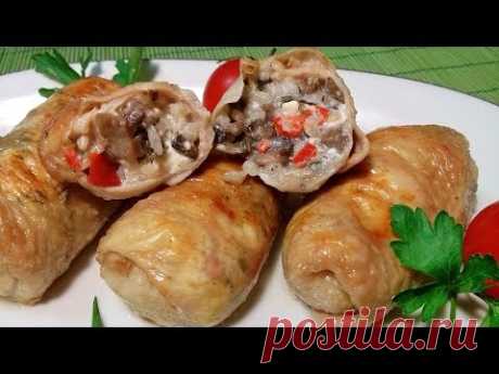 Фаршированные куриные шкурки.В духовке.  С грибами и сыром