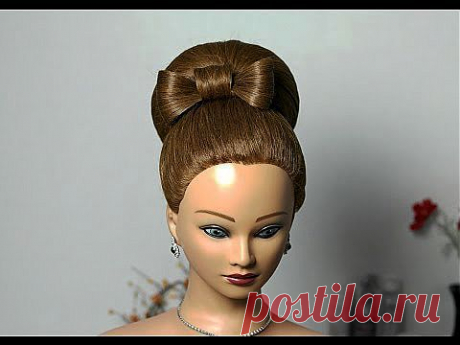 Bun with hair bow for long hair. Updo hairstyles. : Бабетта с бантом из волос. - YouTube