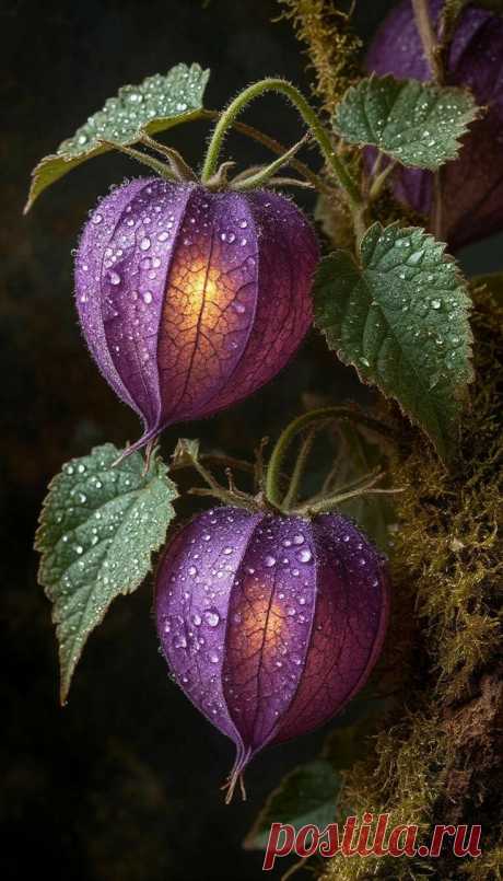 three purple flowers with green leaves and water droplets on them, in front of a dark background
