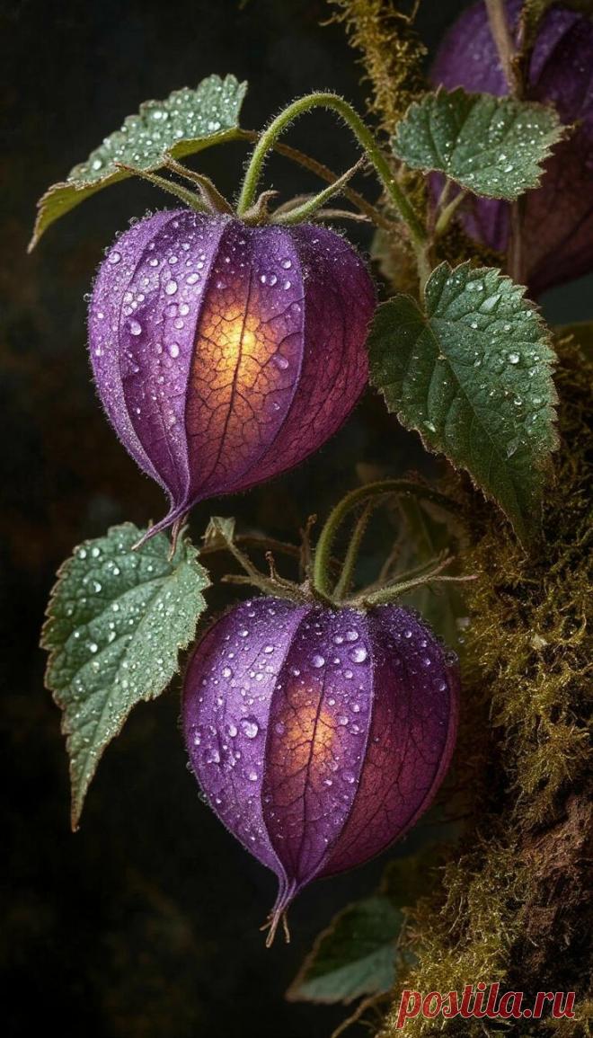 three purple flowers with green leaves and water droplets on them, in front of a dark background