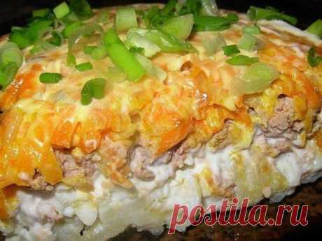 Нежный и вкусный печеночный салат. Всегда готовлю на праздники 


Тает во рту!









Печёночный салат
Ингредиенты:



100 гр. печени (вкуснее с куриной)
4 картофеля
2 яйца
50 гр. лука
50 гр. моркови
по вкусу — майонез, соль

Приготовление:
Все, кроме лука свар…