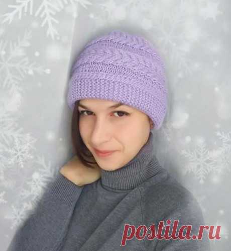 Шапка зимняя двойная с поперечной косой, связана спицами, Вязание для женщин
