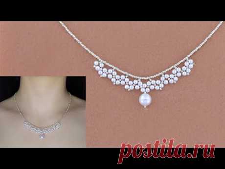 DIY Elegant Pearl Beaded Necklace. Pearl Beaded Lace Pendant Necklace. Beading Tutorial 珍珠串珠项链