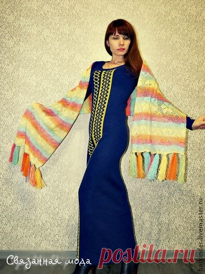 Вязаное длинное  платье "Васильковые Грёзы" - тёмно-синий,платье,платье вязаное