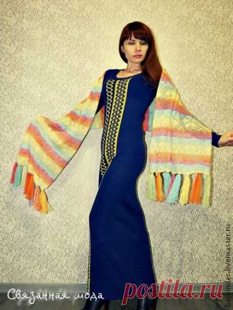 Вязаное длинное  платье &quot;Васильковые Грёзы&quot; - тёмно-синий,платье,платье вязаное