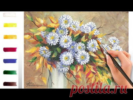 Белые хризантемы и осенние листья. Как нарисовать цветы 🎨АКРИЛ! ‎Мастер-класс ДЕМО